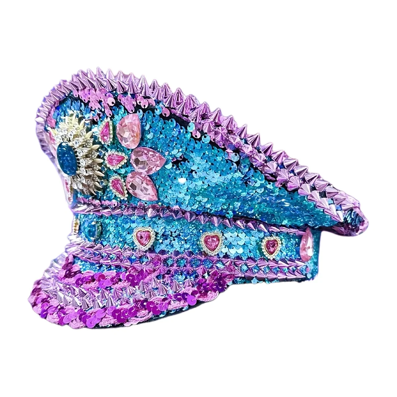 HongLuan Blue Party Vintage Military Accessories for Christmas & Captain Hat Rhinestone, Burningman Festival Woman, Army Cap