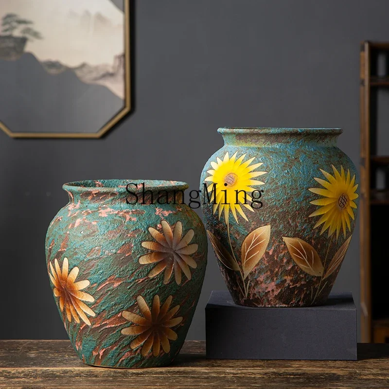 SM Exquisite Premium Handmade Vintage Flower Pot Carved Sunflower Succulent Ceramic Potted Plant Breathable Large Caliber