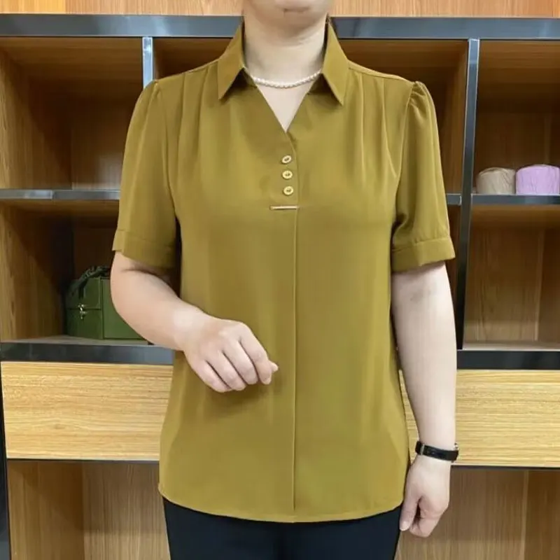 Office Lady Solid Color Shirt Summer Turn-down Collar Women\'s Clothing Short Sleeve Fashion Button Casual All-match Loose Blouse