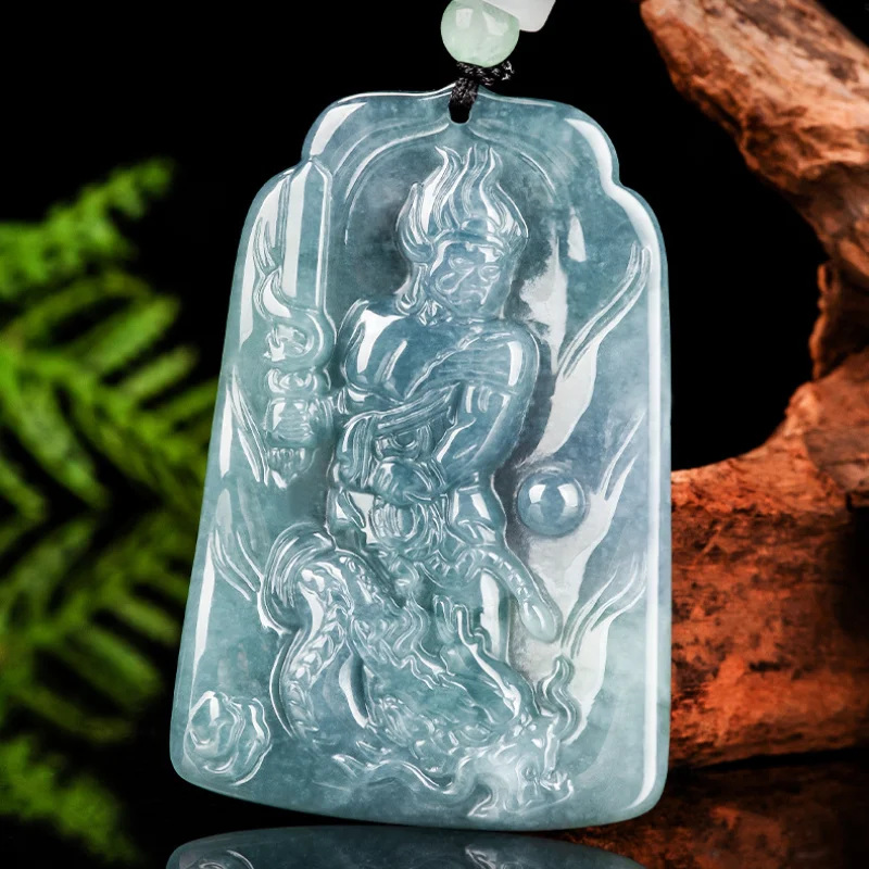 Colgante de Jade de agua azul Mingwang inmovible de jadeíta Natural de grado A, joyería de Buda Primordial de diosa guardián de pollo del zodiaco