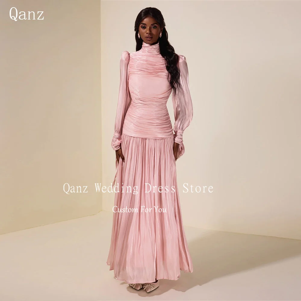 

Qanz Elegant Pink Prom Dresses High Neck Long Sleeves Formal Evening Gowns Long A Line Pleat Abendkleider Dubai Customized
