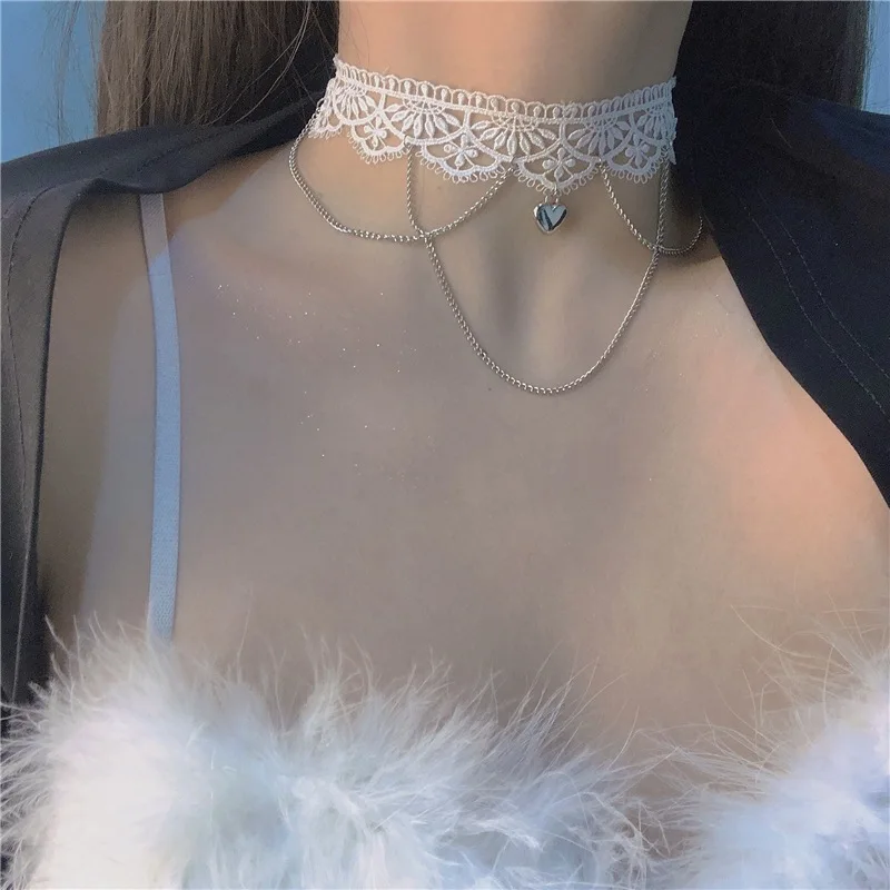 

1 Set White Lace Tassel Collar Necklace 2025 New Jacquard Romantic Choker Adjustable Delicate Elegant Rhinestone Chain Necklace