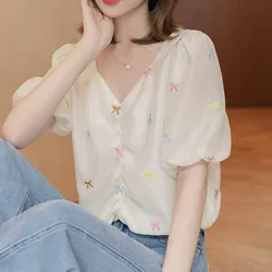 Women Summer Fashion Loose Temperament Printing V-neck Sweet Short Sleeve Chiffon Shirts Women Clothes Casual All-match Tops