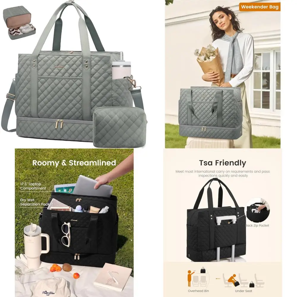 

Women's 45L Large Weekender Duffle Bag with Shoe Compartment, Wet Pocket, and Quilted Carry-On Personal Item for Travel