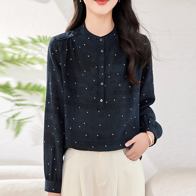 

New 100% Real Silk Women Vintage Shirt Long Sleeve Elegant Shirts for Women Casual Blouses Loose Tops Woman Dot Print Blouse