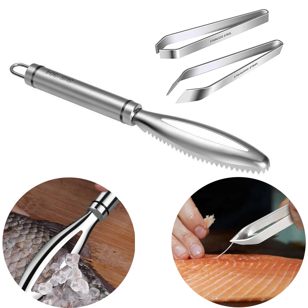 Stainless Fish Scales Scraping Graters Fish Skin Brush Fast Remove Scraper Planer and Pull Bone Tweezers Kitchen Cooking Tools