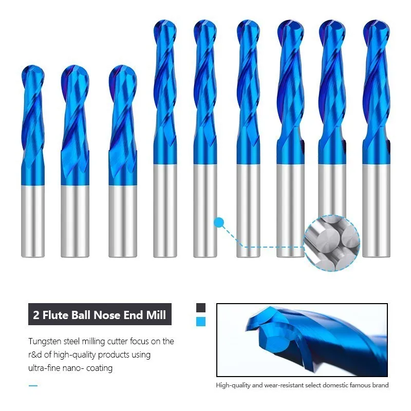 XCAN Ball Nose frez trzpieniowy 3.175 4 6 8 10 12mm Shank Carbide frez 2 flet Nano powlekane na niebiesko CNC frez do obróbki drewna