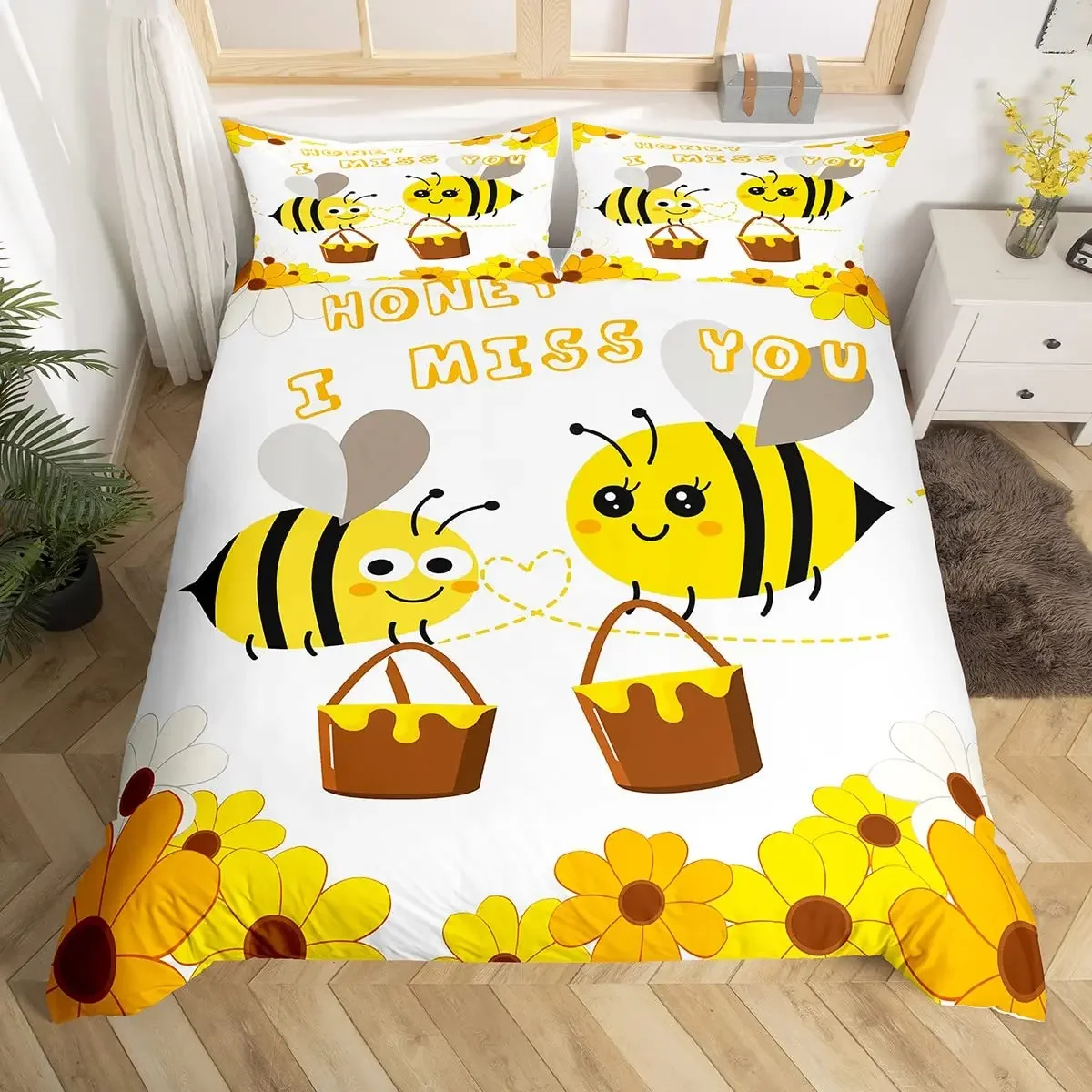 Yellow Bee King Queen Duvet Cover Sunflower Ditsy Floral Comforter Cover Kid Cartoon Honey Bee Bedding Set Polyester Quilt Cover