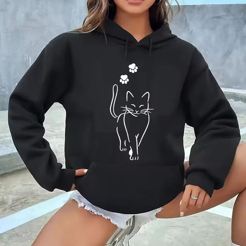 Whimsical Cat Print Sweatshirts Cat Women Kawaii Kangaroo Pocket Hoodies Girl Casual Pullovers Female Animal Hooded 90s Clothing