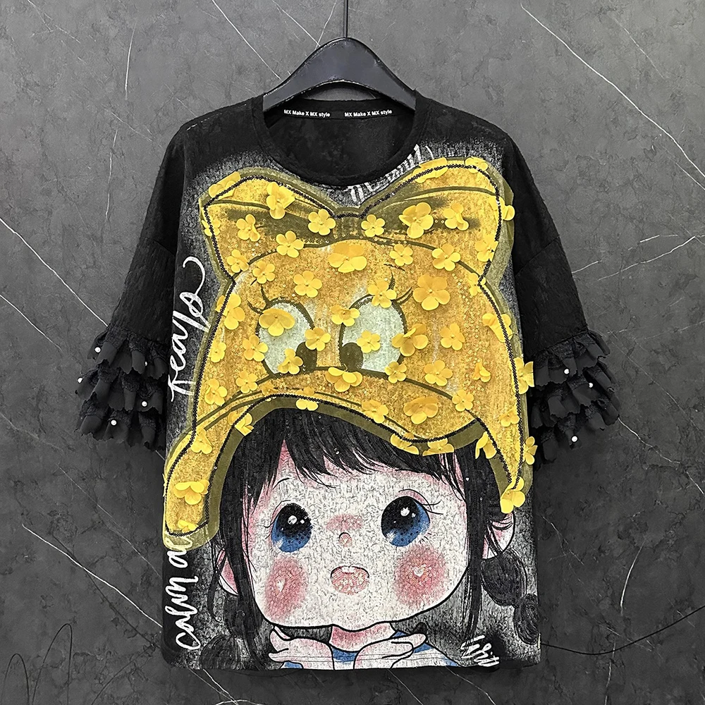 

Plus Size Tee Summer New Cartoon Little Girl Lace Ruffles Appliques Flower Embroidery Sequined Loose Short Sleeved T-shirt