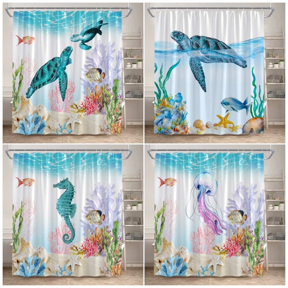 Ocean Animals Shower Curtain Green Sea Turtle Seahorse Jellyfish Tropical Fish Underwater Scenery Fabric Bathroom Curtains Decor