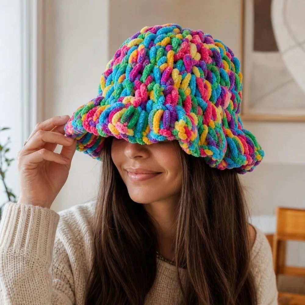 Sweet Ruffled Edge Fisherman Hat Handcrafted Wavy-Brimmed Knitted Beanie Cable Knit Thick Winter Warm Bucket Hat Skiing
