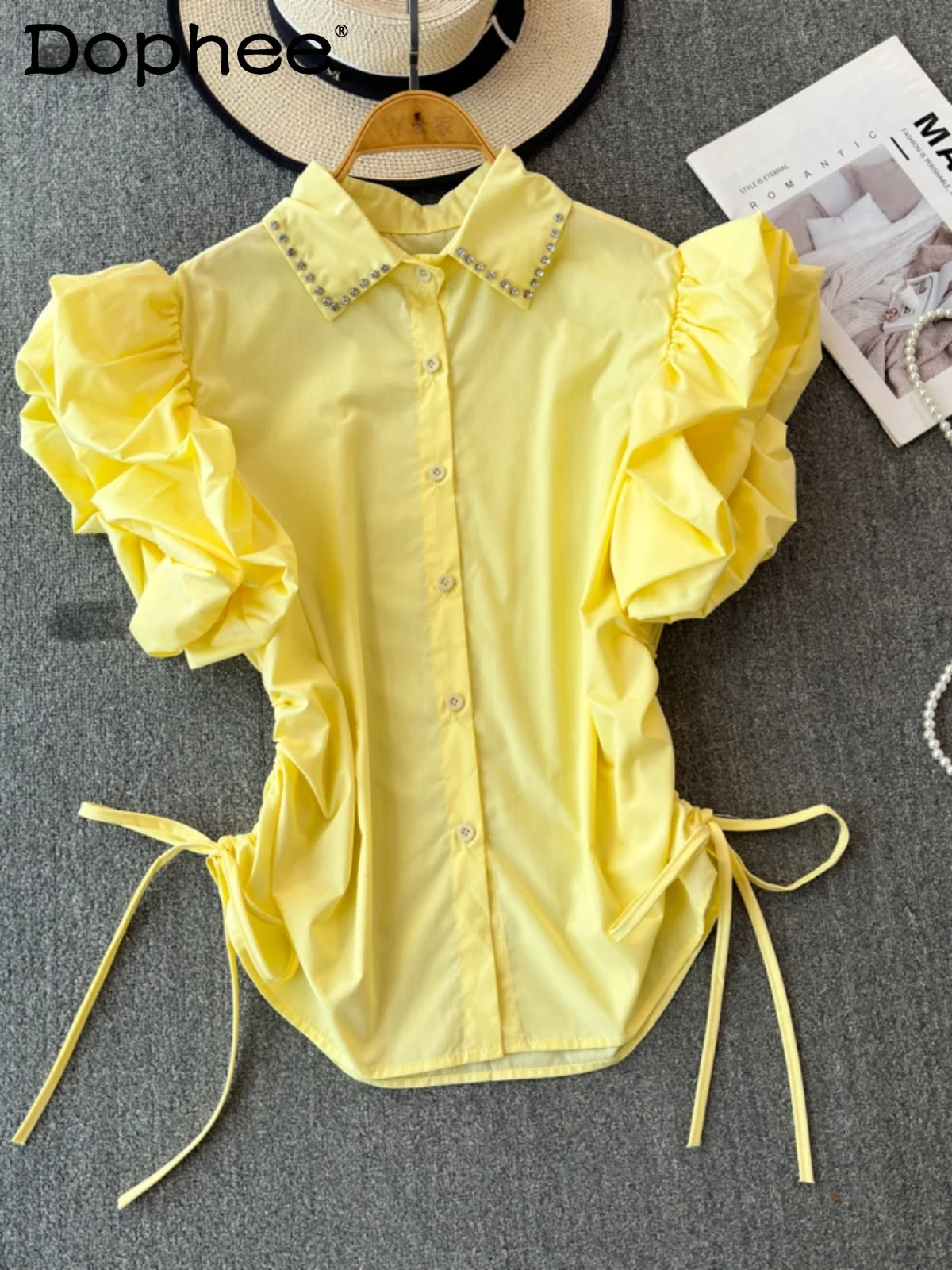 

Korean Style Solid Color Flying Sleeves Shirt Women 2024 Summer New Short Sleeve Chic Waist Slimming Lapel Rhinestone Short Top