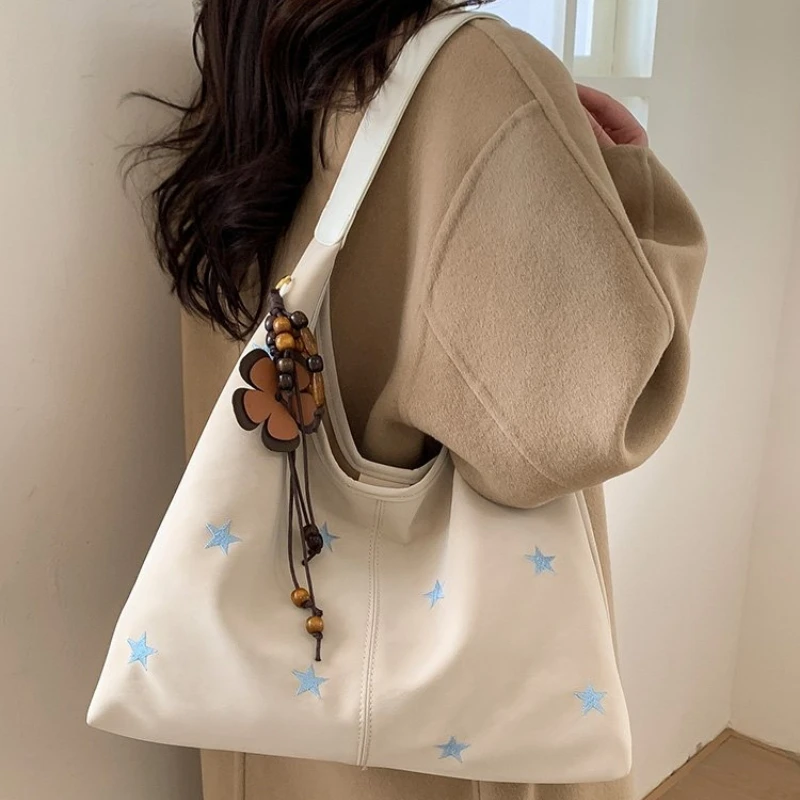 2026 New CEEKAY Black Suede Hobo Bag, Vintage Shoulder Bag with Star Embroidery, Large Capacity Tote for Women Handbags