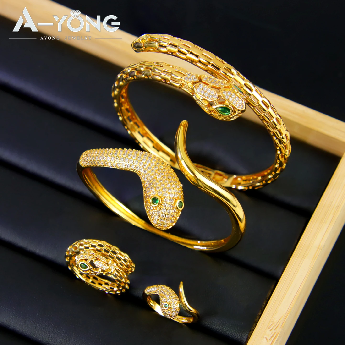 

Punk Hip Hop Snake Bracelet Rings Set 21k Gold Plated Brazilian Zirconia Vintage Animals Bangles Moroccan Women Party Jewelry