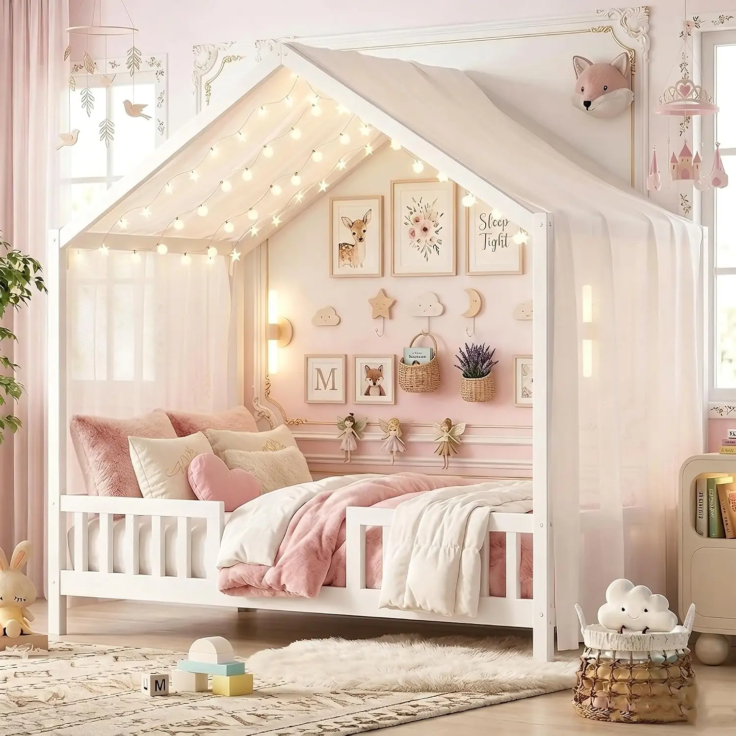 Twin Montessori House Bed High Rails Low Floor Bed Wood Frame Roof Canopy Boys Girls No Box Spring Needed White