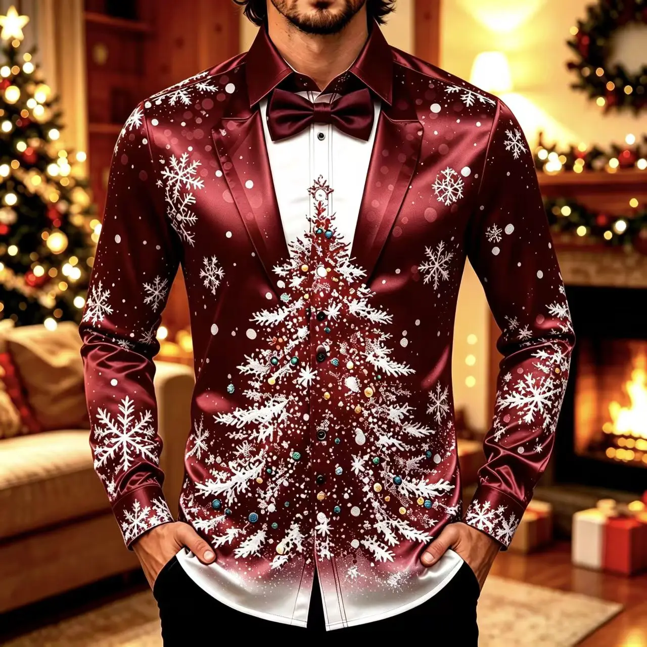 New men's white green gradient snowflake long sleeved shirt Christmas themed lapel print shirt holiday top