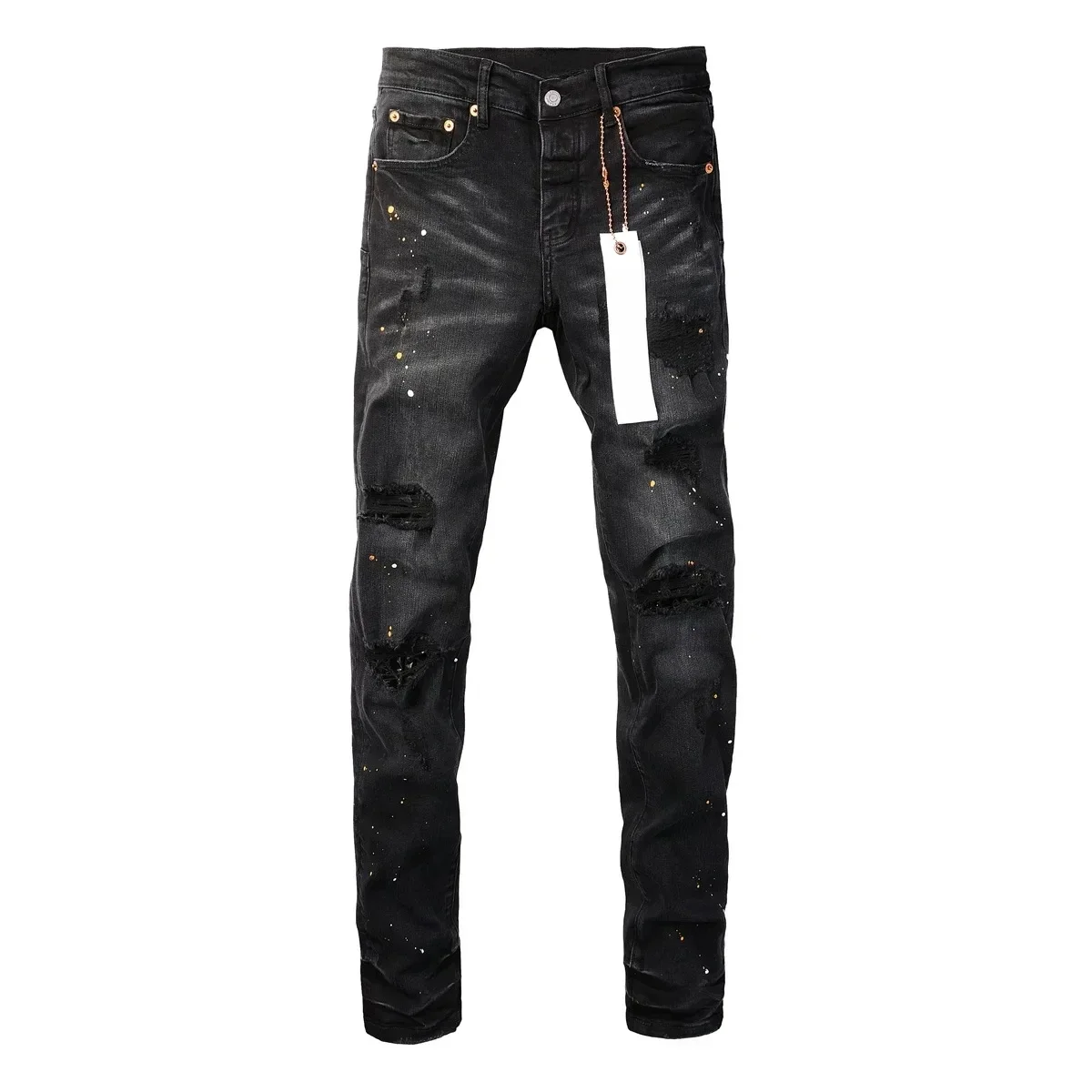 New Fashion High quality Purples Jeans Men High Street Black Paint Dot Knife Cut Hole Repair Low Rise Skinny Denim brand Pants