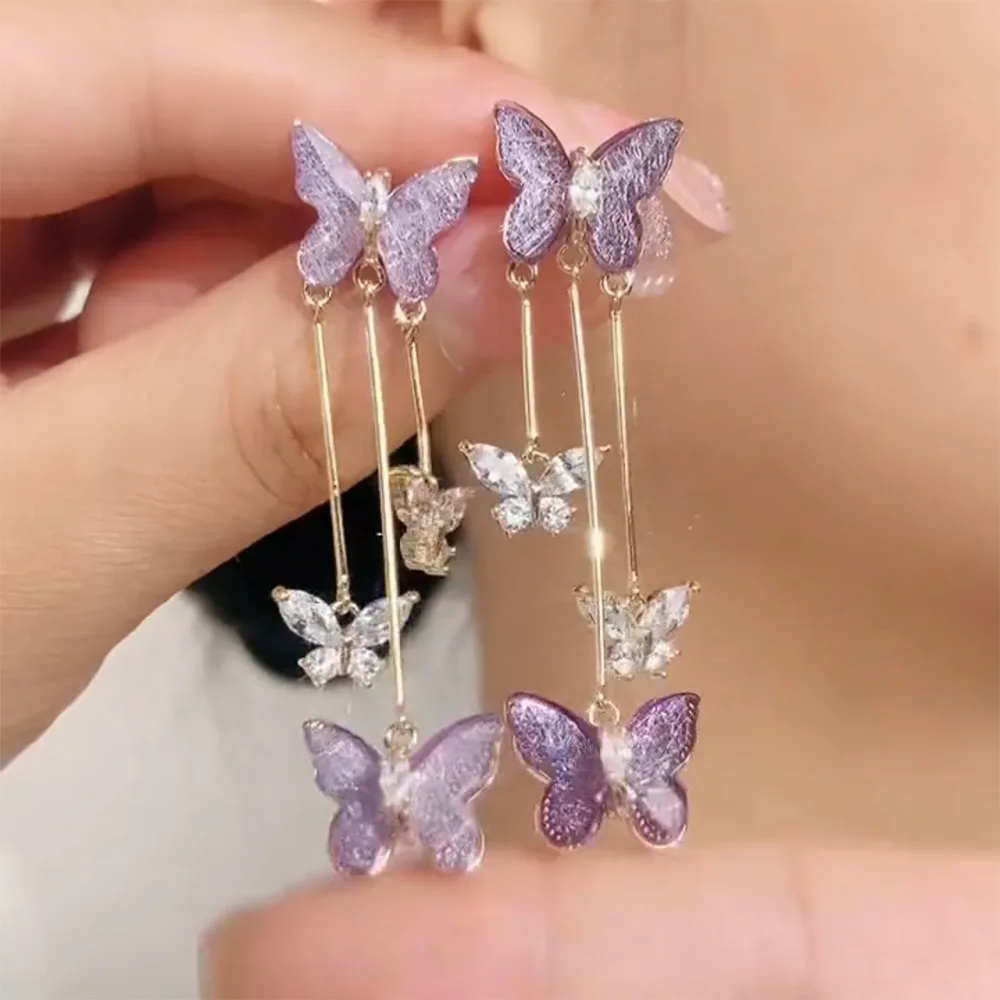 Fashion Aesthetic Purple Crystal Butterfly Dangle Earrings for Women Long Tassel Earring Wedding PartyStatement Jewelry Gift