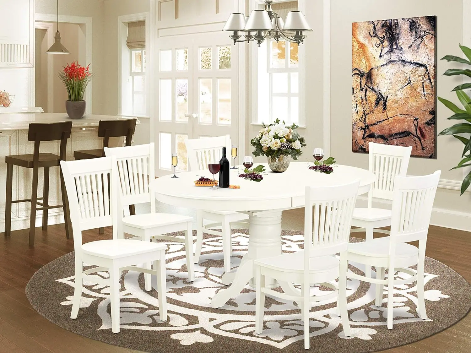 7 Piece Set Consist of an Oval Dining Room Table with Butterfly Leaf and 6 Wood Seat Chairs Linen White Solid Wood