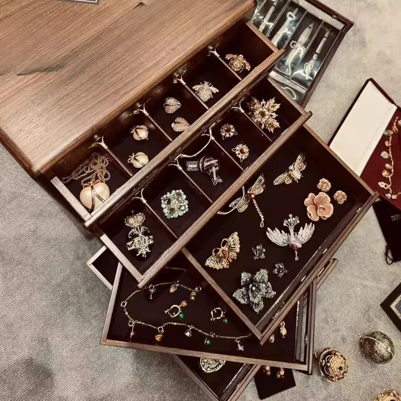 Walnut six draw twelve draw jewelry box Wenwan solid wood storage cabinet