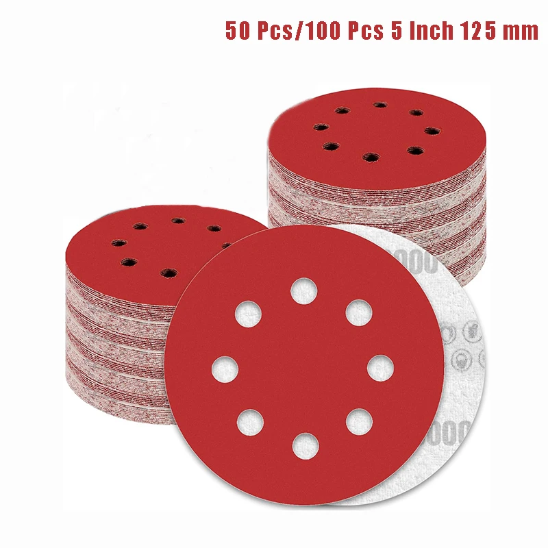 50pcs/100pcs 5 Inch 125mm 8 Hole Hook Loop Sanding Discs Sandpaper 60 120 180 240 400 Grits Sand Paper For Random Orbital Sander