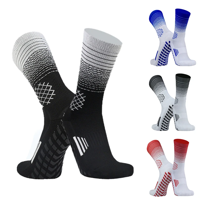 High quality grid pattern sports anti slip football socks Cotton soccer socks Men traction socks calcetas antideslizantes futbol