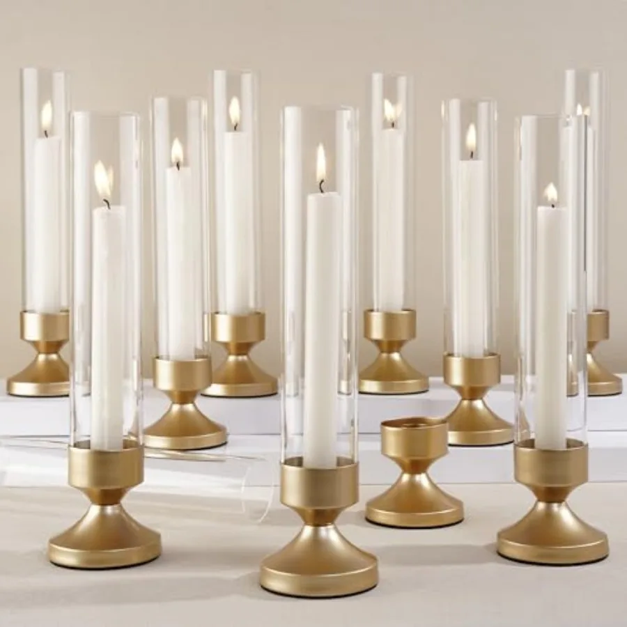 

Hurricane Glass Candle Holders, Set of Metal Taper Candlesrick Holders for Centerpieces Tall Gold Candle Stands Bulk with Glass
