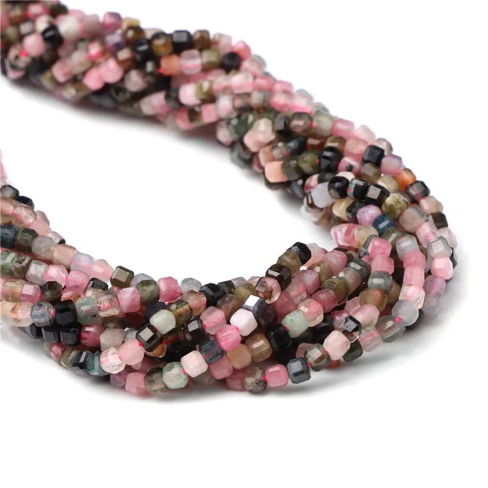 A+ Natural Faceted Stone Beads Small 2-3mm Square Pink Tourmaline Loose Spacer Bead For Jewelry Making Handmade DIY 15\