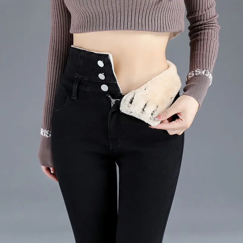 Thick Lambwool Pencil Jeans Women Vintage Plus Velvet Winter High Waist Denim Trousers Snow Wear Big Size Skinny Stretch Legging