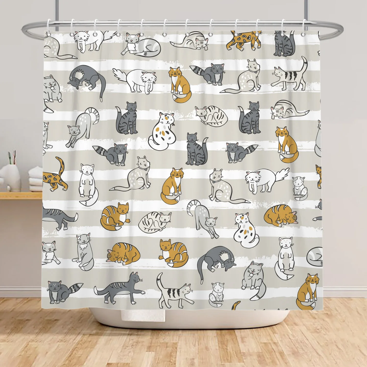 Cute Cat Pattern Shower Curtain Multifunctional Bathroom Partition Curtain Bath Decoration Waterproof Hanging Curtain With Hooks