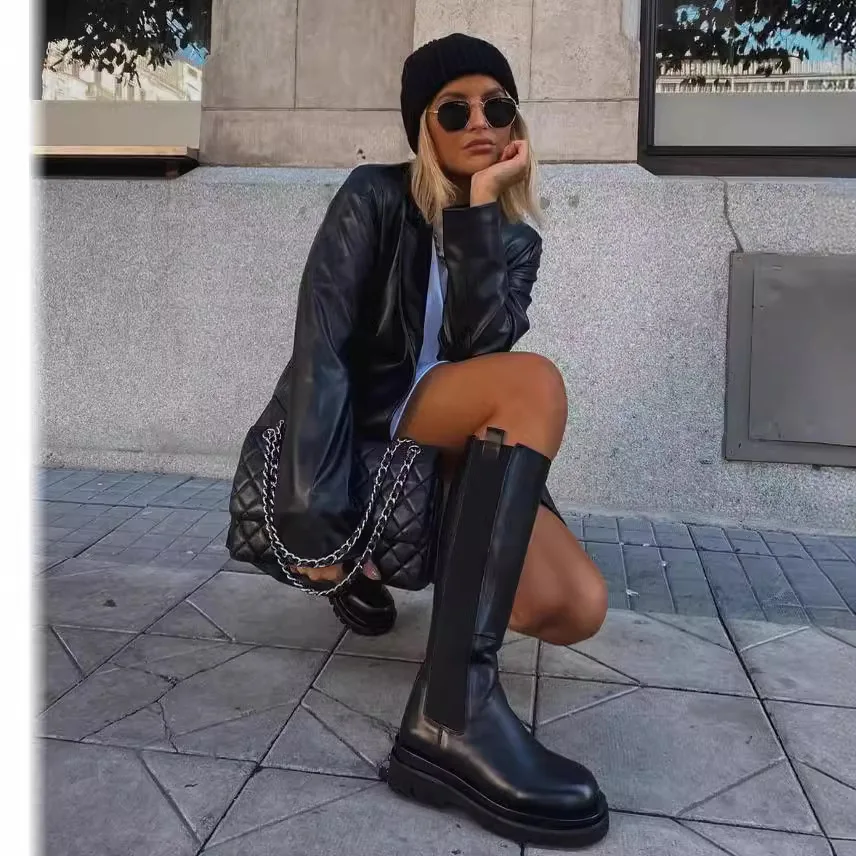 Autumn And Winter Street Black Women's Clothing Solid Color Suit Collar Fake Pocket Fashion Casual Women's Leather Jacket