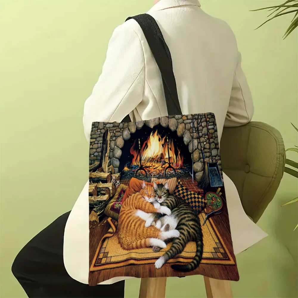 Oil Painting Cat Dog Print WomenTote Bags ReusableFor Groceries Shoulder Bags for Handbags Foldable