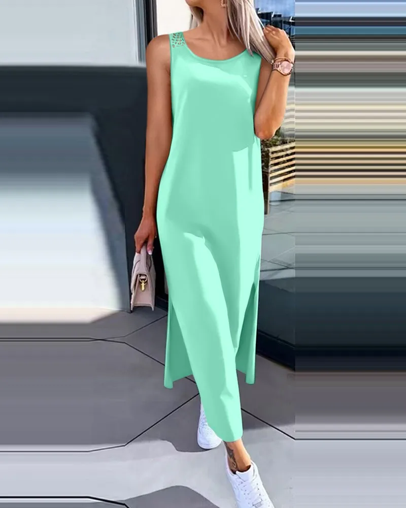 Wydrążona Sukienka Maxi Damska Bez Rękawów z Dekoltem O-neck, Nowa Letnia Dopasowana Sukienka z Rozcięciem, Vestidos Czarna