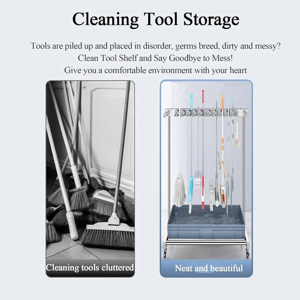 رف أدوات قائم بذاته للمكانس والمماسح، وعربة التنظيف المتنقلة مع مساحة تخزين وصرف الممسحة