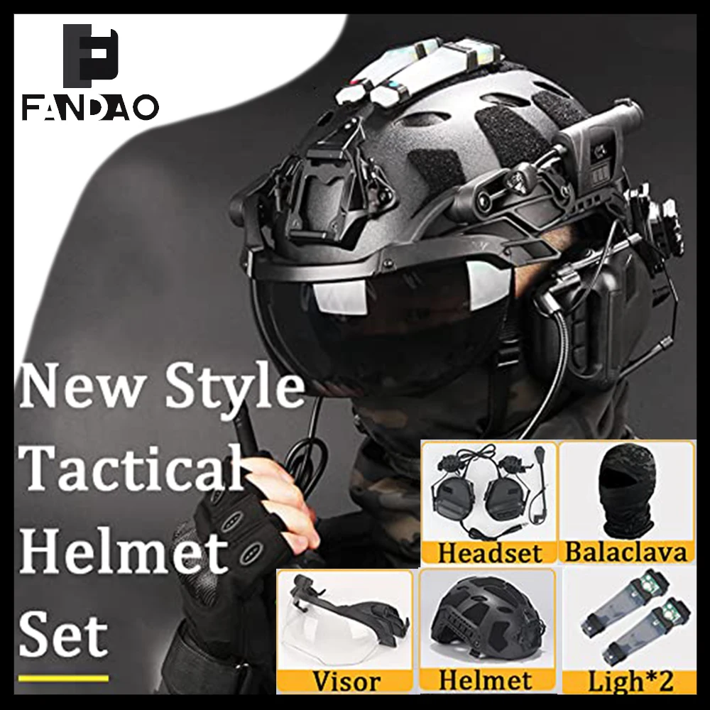 

Tactical Helmet Set Fast Protective Equipment with Visor Headset Signal Lamp Balaclava for Outdoor Airsoft Paintball Shooting