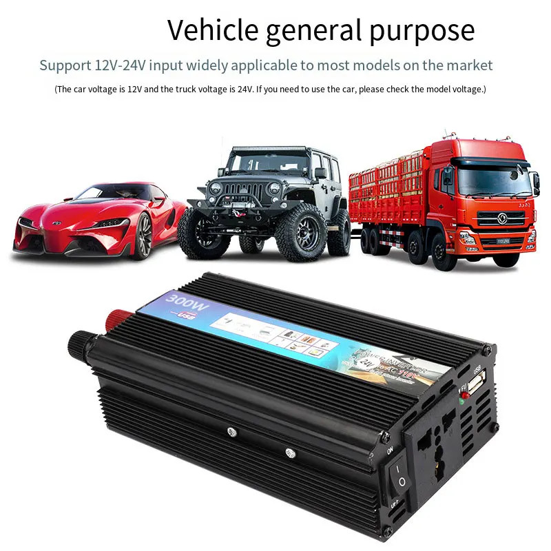 Pure Sine Wave Inverter 12v/24v to 220v Suitable for Small Cars and Trucks 300W High Power with USB Interface and Power Socket