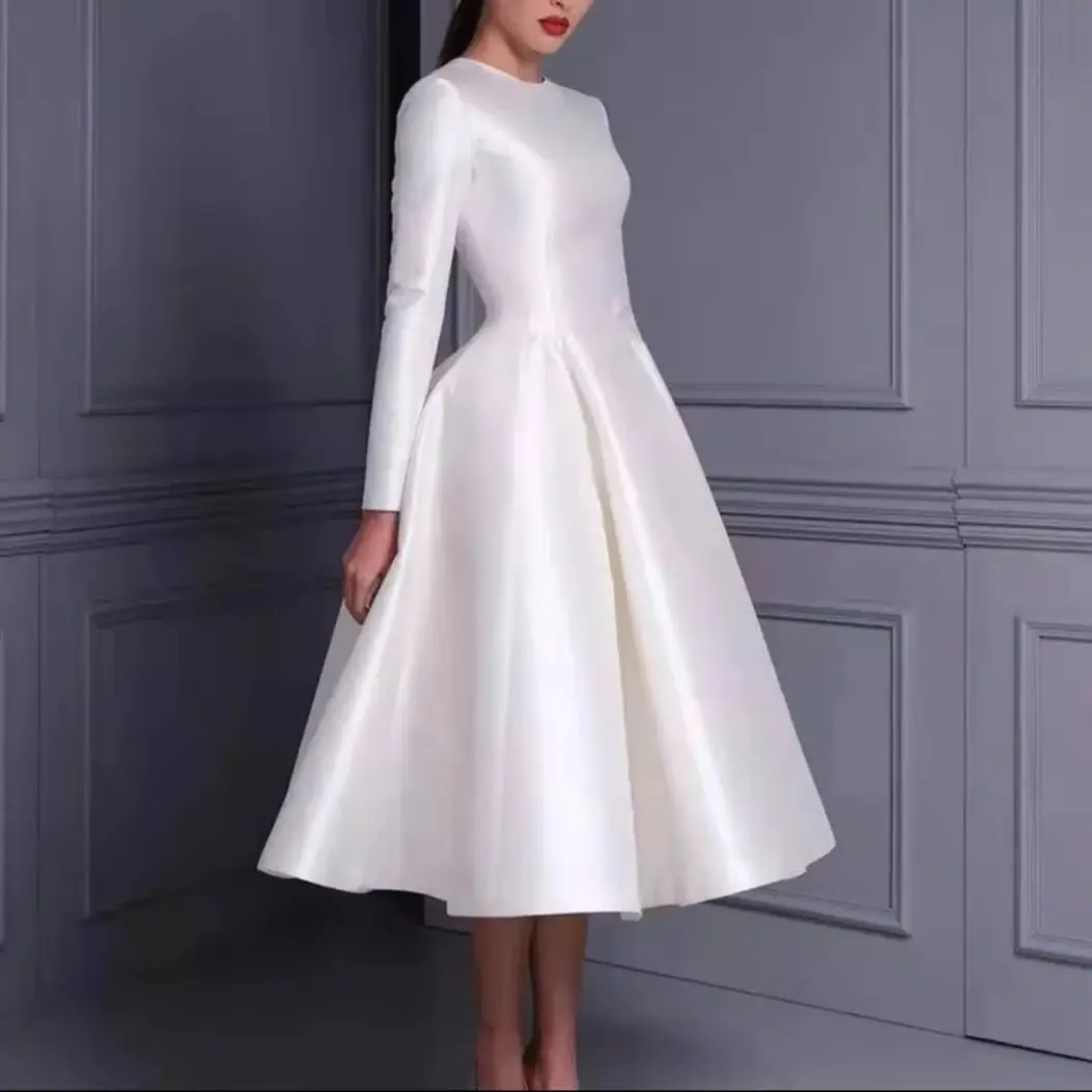 

Elegant Tea Length A Line Wedding Dresses Long Sleeves White Satin Simple Reception Dress Jewel neck Garden Gowns