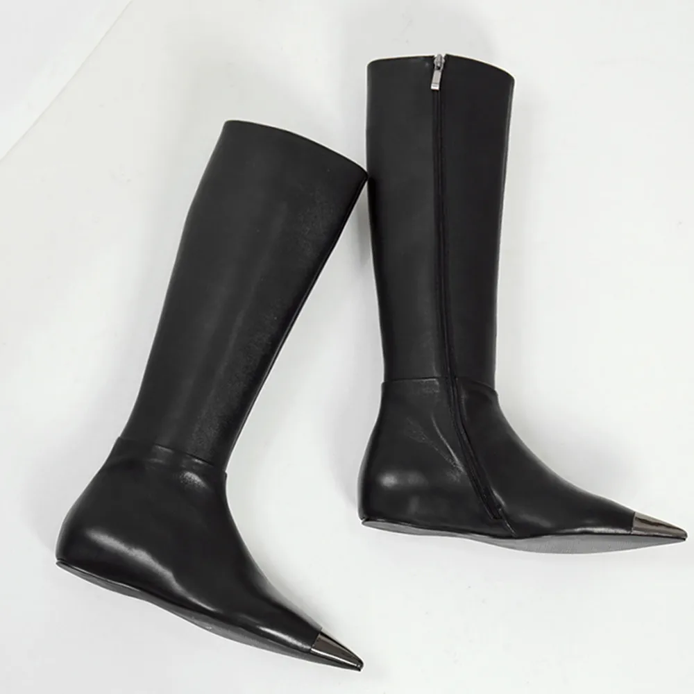 MKKHOU Fashion Knee-High Women Boots New Metal Pointed Toe Side Zipper Mid-Boots Flat All-Match Women Leather Boots High Boots