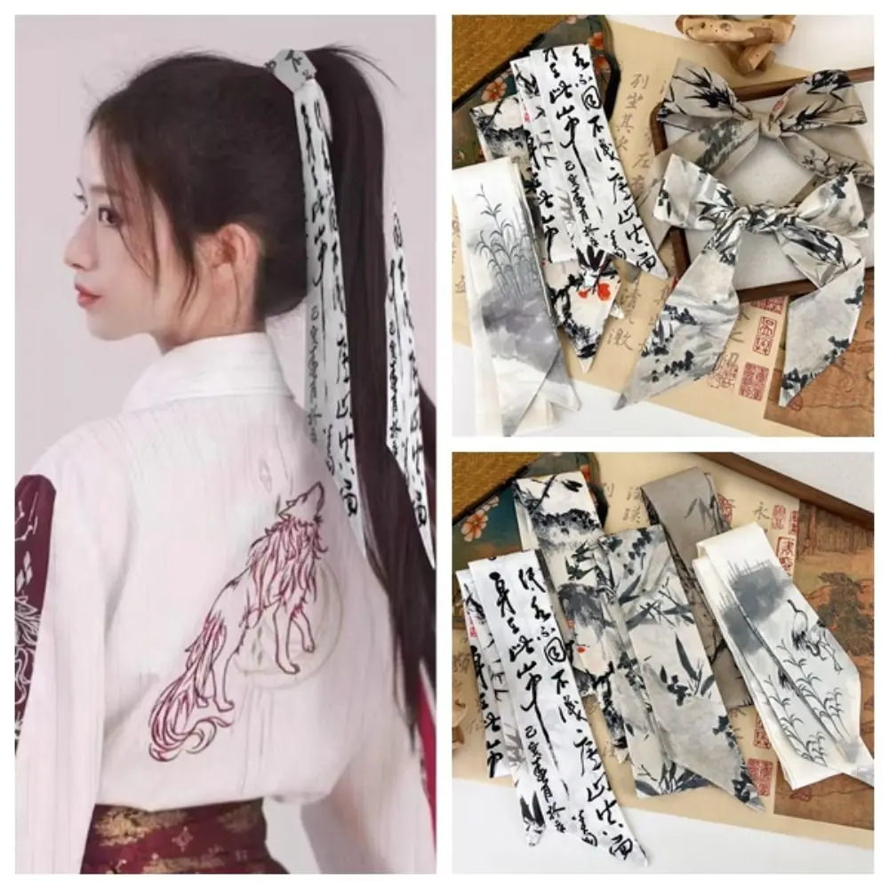 Elegant ยาวภาพวาดหมึกผ้าพันคอผ้าไหมสไตล์ Minimalist สไตล์โบราณโบราณผม Band Neckerchief เชือกผมยาวผ้าพันคอผ้าไหมสาว
