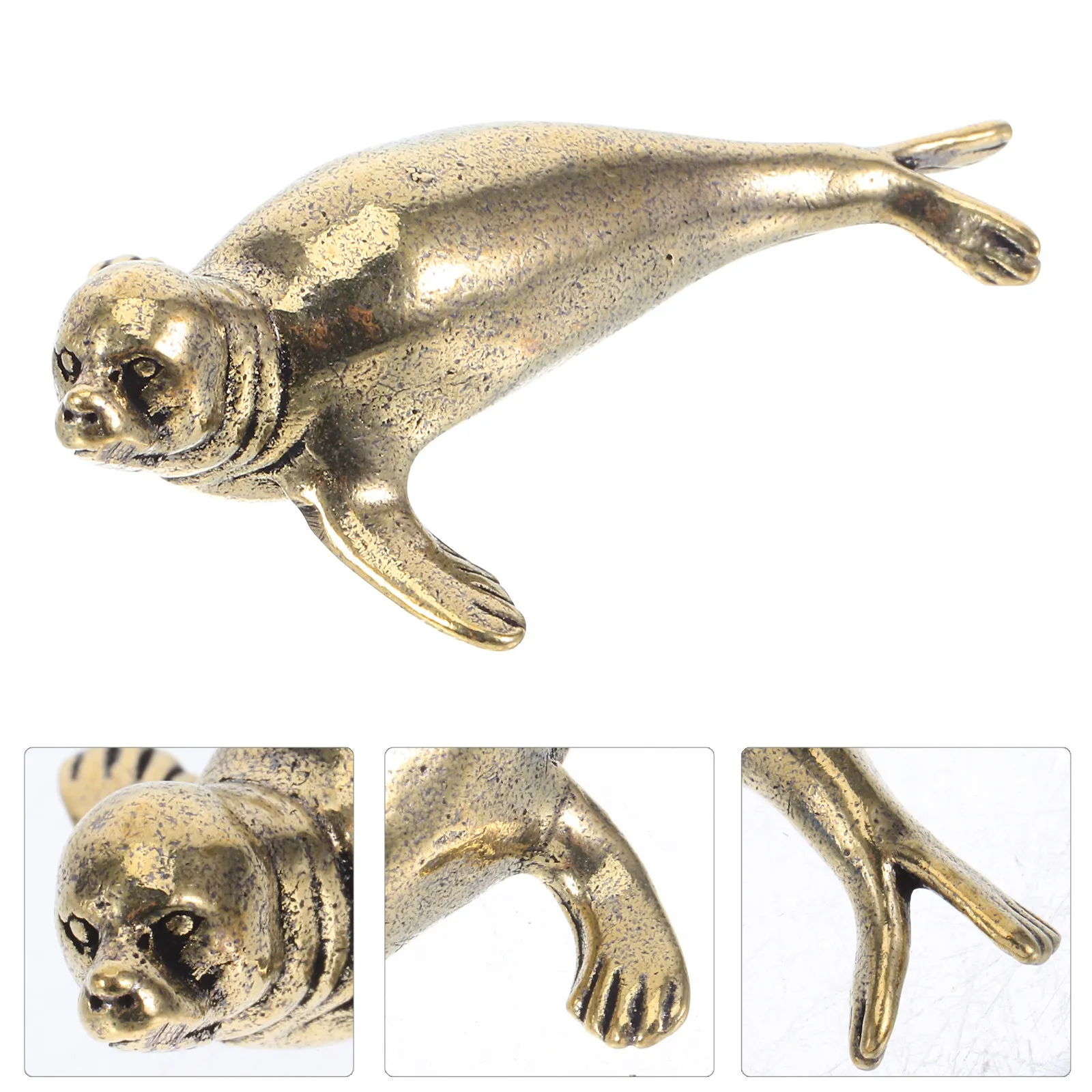 4Pcs Tiny Brass Seal Statues Vintage Ocean Decor Mini Sea Creature Sculpture Desk Bookshelf Display Cabinet Marine Animal