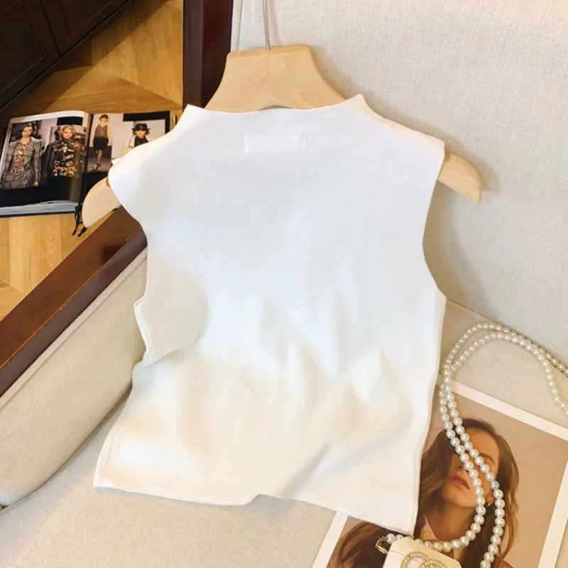 2024 Summer 3D Florals Sleeveless Sweater Knitted Vest Women Streetwear Camisole Chic Tank Tops Female Crop Top Jumper Pullovers