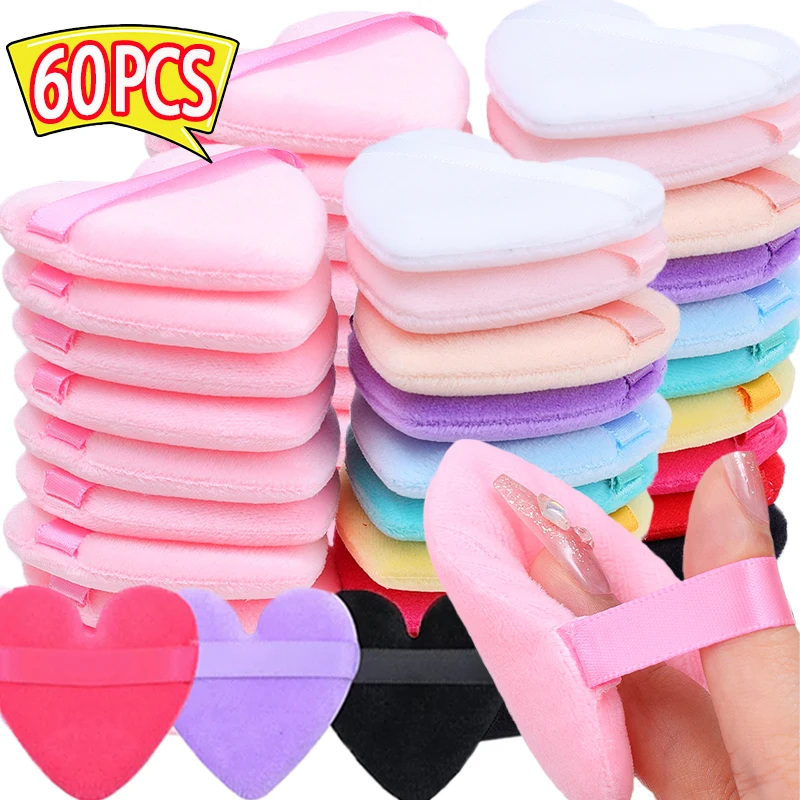 5-60Pcs Crystal Velvet Dry Powder Puff Soft Heart-Shaped Sponge Washable Reusable Cosmetic Puff Loose Powder Setting Makeup Tool