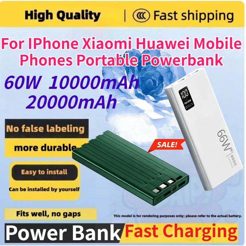 

Brand New 20000/10000mAh 66W Power Bank with Built-in Cable for IPhone Xiaomi and Huawei Mobile Phones Portable Powerbank