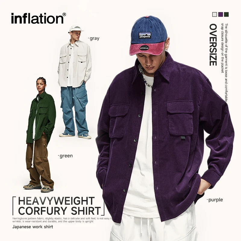 INFLATION Heavyweight Harajuku Corduroy Shirts Unisex Japanese Oversized Shirt Jacket Male Shirts