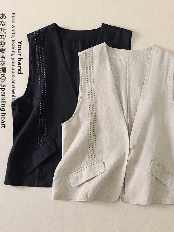 Retro Artistic Women's Cotton Linen Vest Summer Handmade Hooked Line Slimming Open Cardigan Top V-neck Regular Length  C...