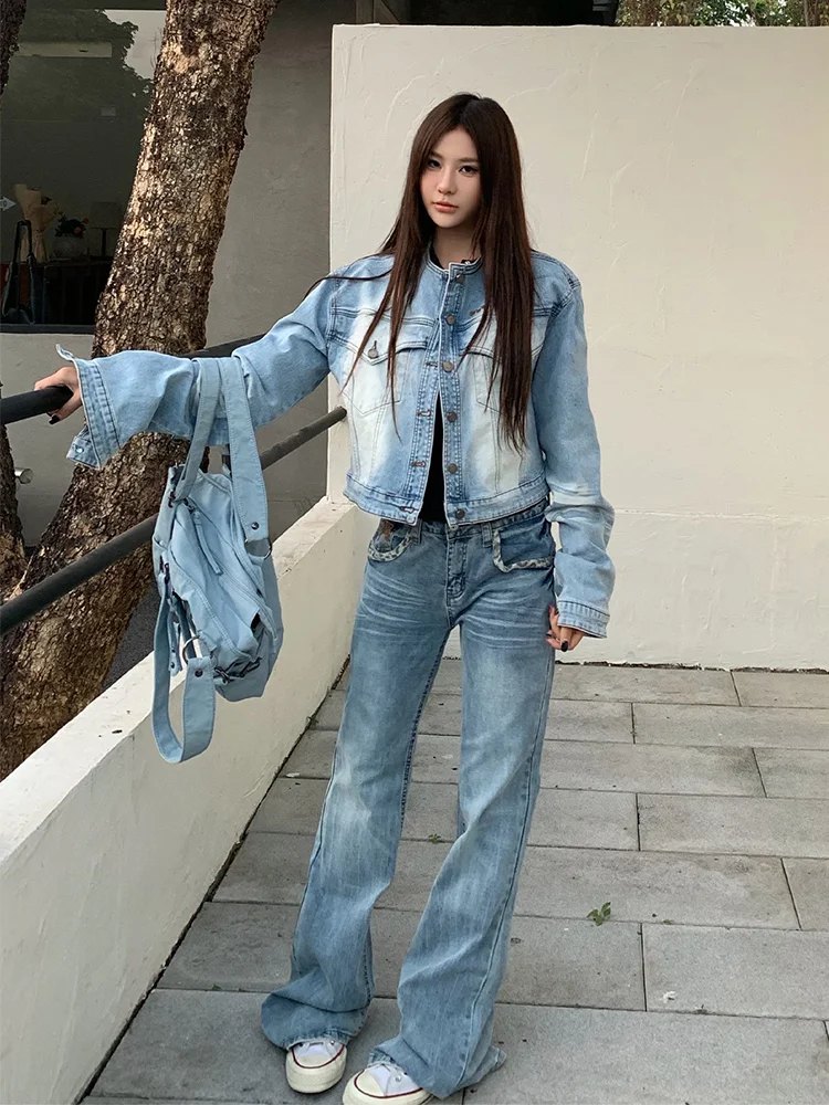 

Low Waist Bell Bottom Straight Leg Jeans Women's Retro Blue Slim Fit Floor Length Trousers American Style Casual Denim Pants