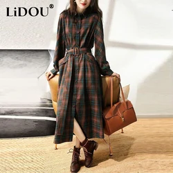 Spring Autumn Vintage Plaid Waist Belt Midi Dress Female Long Sleeve Loose Casual A-line Robe Femme Dresses Vestidos De Fiesta