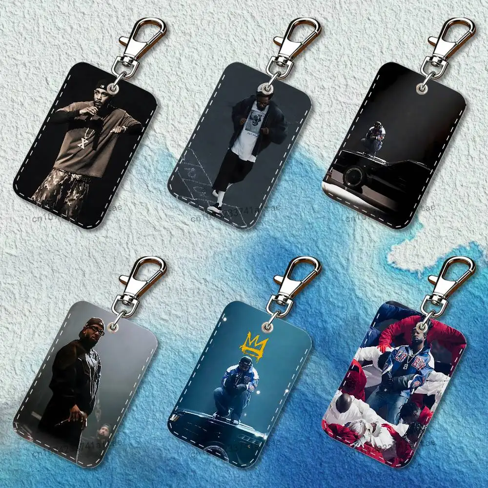 

k-kendrick l-lamar Rapper Rectangle Access Card Case Leather Card Holder Keychain Key Ring Transportation Card Case