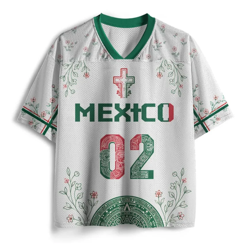 Mexican Football Jersey Number 023D Printed Mesh V-neck Short Sleeved White Color Green Aztec Flower Pattern T-shirt
